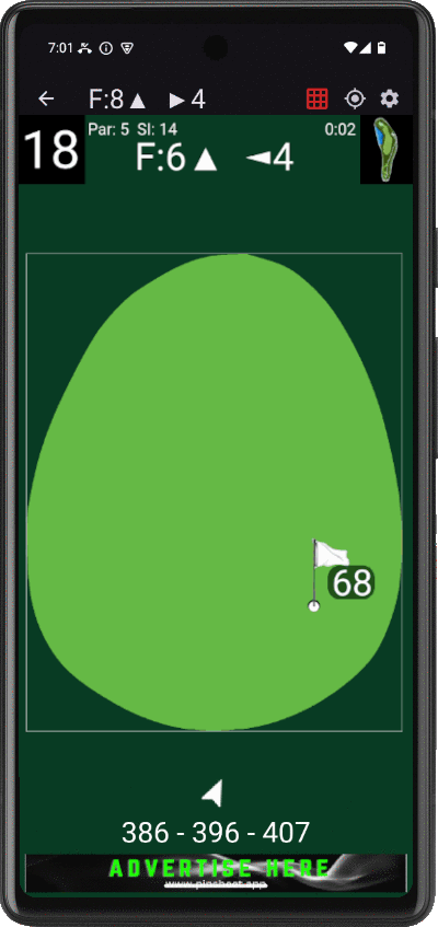 A sponsor banner docked along the bottom of the PinSheet green view on hole 1