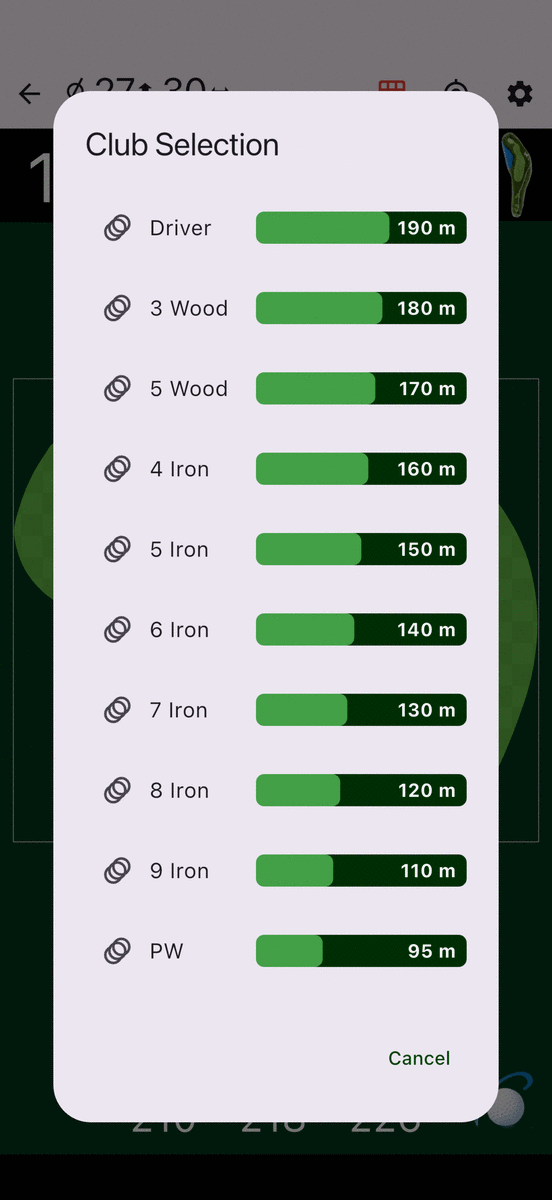 The club selection list in PinSheet, each club showing the distance the player actually hits it