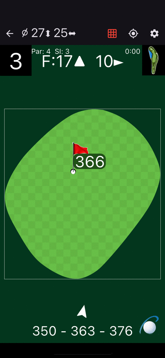 The PinSheet green view: hole 3, pin 17 from the front and 10 from the left, flag at 366 metres