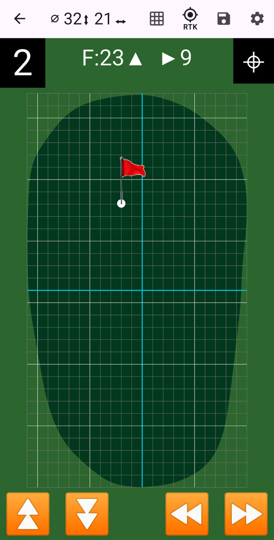 PinPlacer on the 2nd green: the flag set 23 paces on and 9 right of centre, with the RTK button in the toolbar and nudge arrows across the bottom